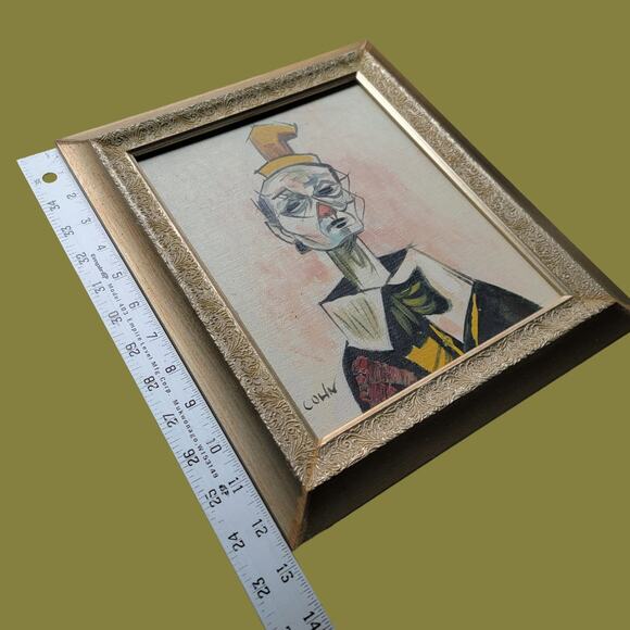 Vintage MCM 1962 Expressionist Clown with Tiny Gold Hat Portrait, Signed Cohn - Picture 5 of 6